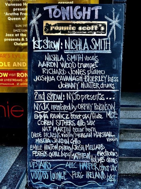 Ronnie Scott's performance board listing Morgan Marshall on violin